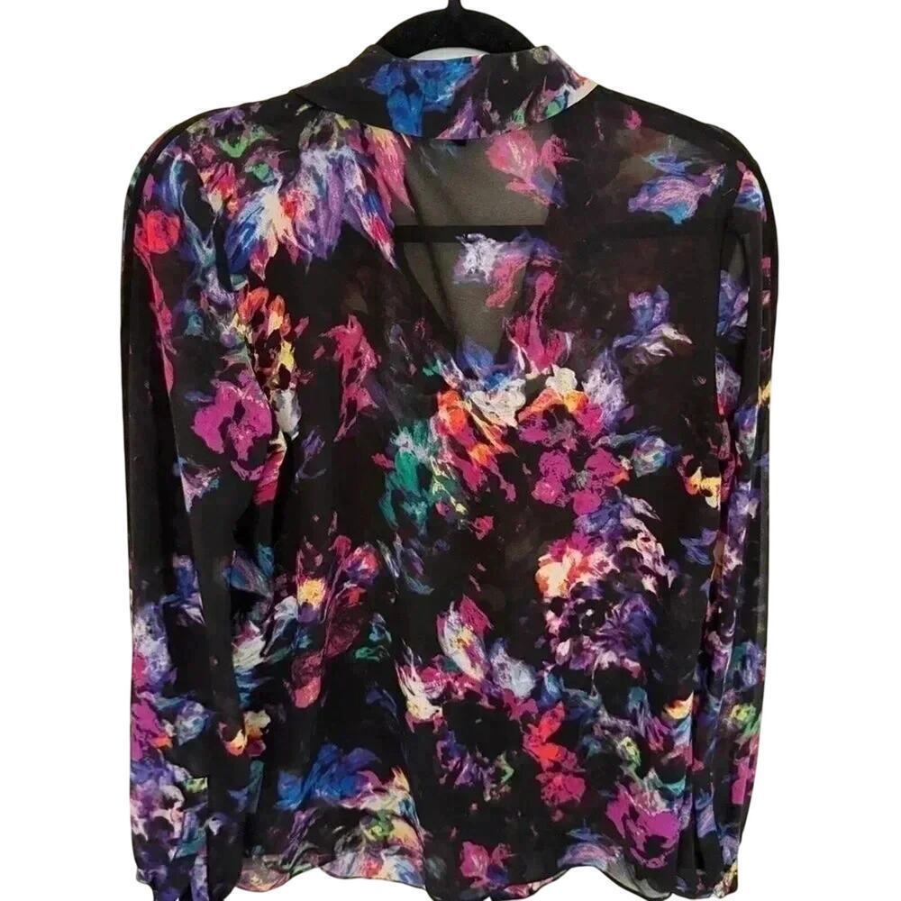 Ellen Tracy Sheer Black Multicolor Floral Blouse Size Small Button Down